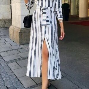 Zara Blue and White Striped Long Sleeve Dress